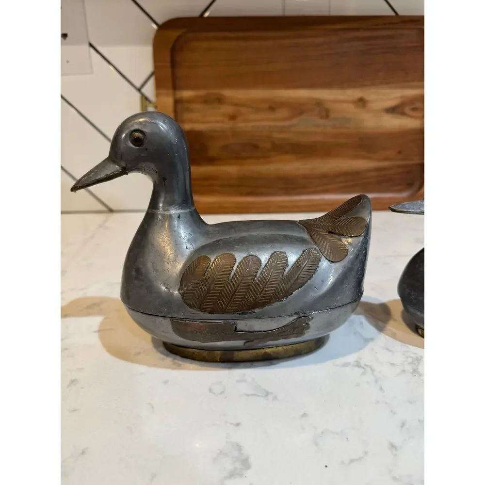 vintage pewter brass duck trinket boxes made in Hong Kong cabin rustic MCM